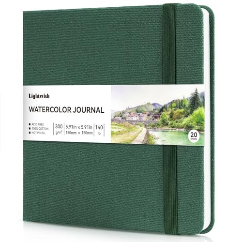 Watercolor Journal - 100% Cotton Hot Press Paper | 20 Sheets 40 Pages | 300GSM (140lb) | Linen Cotton Cover Watercolor Sketch Books for Artists Painting,Mixed Media 5.91 x 5.91 in - color: Green, size: 5.9 x 5.9 in