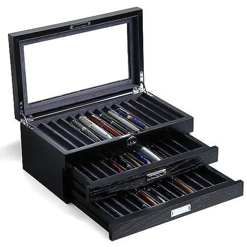 Pen Display Case with 36 Pen Slots, Fountain Pen Case, Wood Pen Storage Organizer, Pen Box Display for Men Gift, Pen Display Box with Glass Window(black ash veneer finish, dark gray velvet) - color: black 36 slots, gray velvet