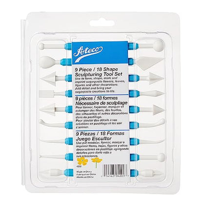 Ateco Sculpting Tool Set for Sugar Paste Decorations, 9 Piece Set with 18 Shapes, Food Grade Plastic with Non-slip Handles, Blue