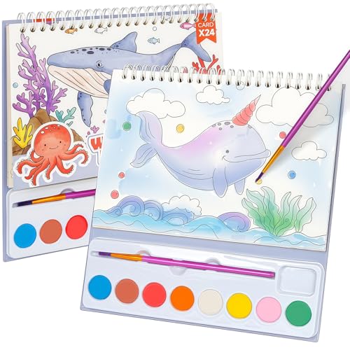 Watercolor Painting Coloring Books, Paint with Water Arts & Crafts Kit for Kids, Travel Activities Art Supplies Party Favors Exchange Birthday Gifts for Boys Girls, Spiral-Bound (Marine) - style: Marine