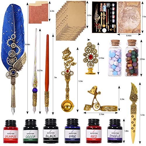 Aifeiter Quill Pen Ink Set-Feather Calligraphy Pen and Set,includes 6 Bottles of,Quill Pen,Glass Dipping Pen,Wooden Dipping Pen,17 nibs,8 Sheets of Writing Paper,Envelope,Spoon-blue - color: Blue