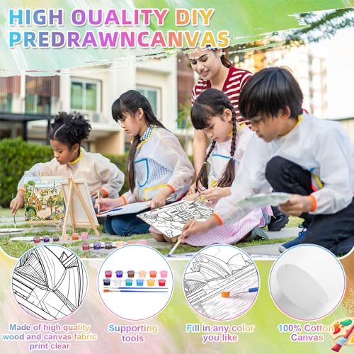 Supervitae 72 Piece Boho City Round Pre Drawn Canvas Kit 5.9" Paint and Sip Kit for Adults Painting Party Pre Printed Canvas DIY with Pictures Paints Easels Brushes for Party Gifts - size: 5.9", style: Boho City