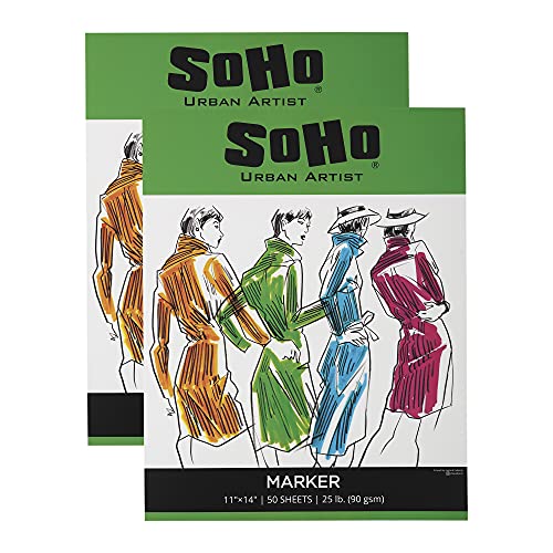 SoHo Marker Paper Pads 11"x14" 2 Pack, 50 Sheets - 24 lb (90gsm) Smooth & Heavyweight, Acid-Free, Bleed Resistant Drawing Papers, Ideal for Sketching, Color Blending, Mechanical Pencils - size: 11x14" - Pack of 2