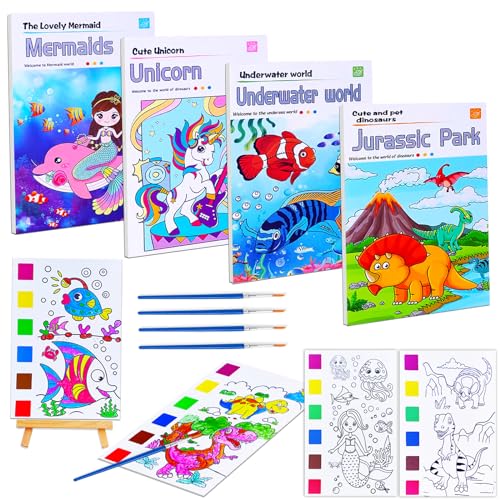 JUNQIU 4Pack Paint with Water Books for Kids, Watercolor Painting Coloring Books for Toddlers, Magic Paint Set, Arts and Crafts for Girls Gifts, Stocking Stuffers For Kids - color: 4 Themes (B)