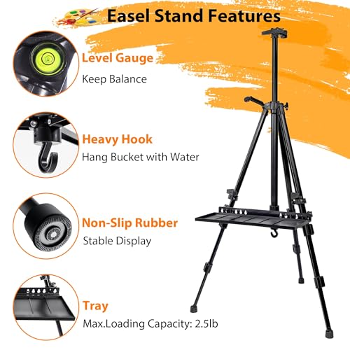 Easel Stand for Painting Artist Easel Stand Adjustable Height 20" to 61" Metal Tripod Art Easels Stand for Painting Canvases Tabletop Floor Art Easel Stand with Tray, Bag, Folding Keg, Black