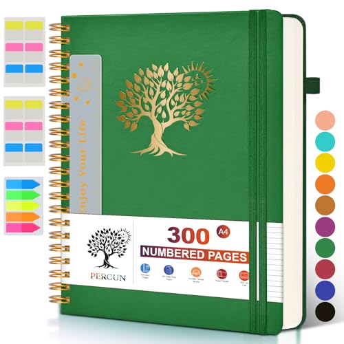 PERCUN Spiral Notebook 300 Numbered Lined Pages Hardcover Journal 8.5"x11" | College Ruled Spiral Bound Notebook with Tabs, A4 Large Leather Journal for Women Men, Work, School, Writing & Note Taking - color: Green, size: A4 size (8.5in x 11.5in)
