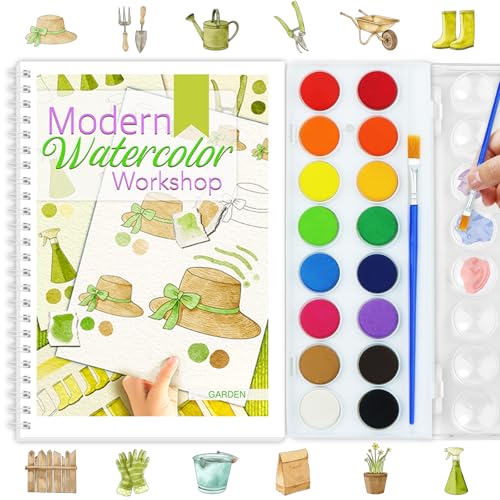 Beginners Watercolor Workbook for Adults -Step-by-Step Coloring Book Set-12 coloring book pages - Includes 16 color blocks and a brush - Professional Watercolor Paper: 300gsm/140lb (Garden) - style: Garden