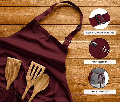 Utopia Kitchen 2 Pack Bib Apron, Adjustable with 2 Pockets, Water and Oil Resistant, Cooking Kitchen Chef Apron for Women Men - color: Burgundy