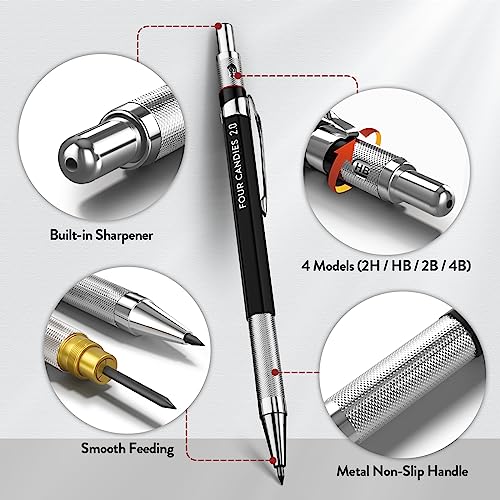 Four Candies 2MM Mechanical Pencil Set with case, Artist Led Pencil Metal Lead Holder with 60PCS Graphite Lead Refill (HB, 2H, 2B, 4B, Color) Kneaded Eraser, Sharpener for Writing, Drawing, Sketching - size: 9 Piece Set