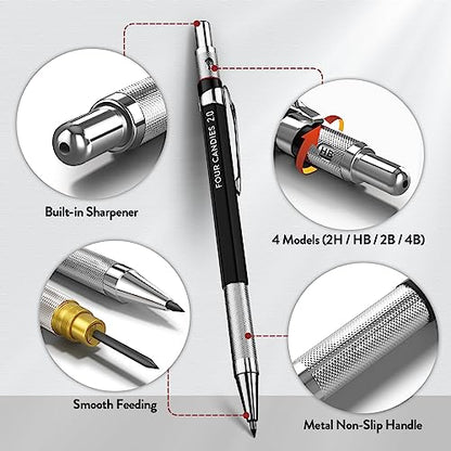 Four Candies 2MM Mechanical Pencil Set with case, Artist Led Pencil Metal Lead Holder with 60PCS Graphite Lead Refill (HB, 2H, 2B, 4B, Color) Kneaded Eraser, Sharpener for Writing, Drawing, Sketching - size: 9 Piece Set