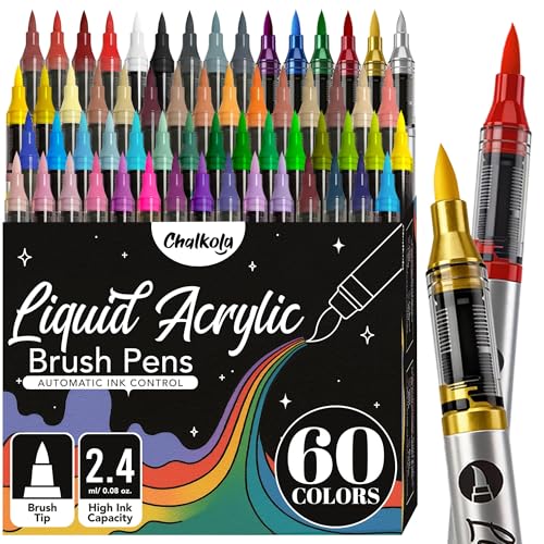 Chalkola 60 Acrylic Brush Markers - Automatic Ink, Flexible Acrylic Paint Markers Brush Tip, No Bleed, Waterproof Paint Pens for Rock Painting, Canvas, Wood, 3D Prints - For Artists, Crafts - color: 60 Pack