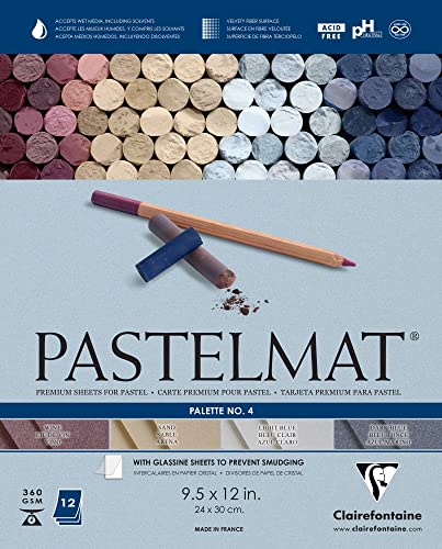 Clairefontaine Pastelmat Glued Pad - Palette No. 4 - (9 1/2 x 12 Inches) 24 x 30 cm - 360g - 12 Sheets - Dark Blue, Light Blue, Wine, Sand - color: Dark Blue, Light Blue, Wine, Sand, size: 24 x 30 CM