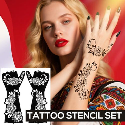 Large Henna Tattoo Stencil Kit - 10 Sheets, Reusable Adhesive Templates for Women and Girls, Indian Arabian Tattoo Stickers for Hand and Body Paint - Body Art Stencil Temporary Tattoos