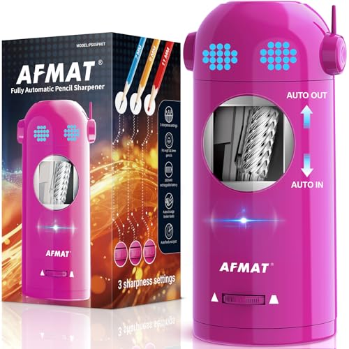AFMAT Electric Pencil Sharpener, Fully Automatic Colored Pencil Sharpener for 7-11.5mm Pencils, Auto in & Out, Robot Pencil Sharpeners for Kids, Rechargeable Hands-Free with Dotted Eyes, PSX5ET, Pink - color: Pink