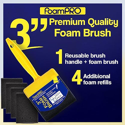 FoamPRO 73-4, 3" Foam Brush With 4 Refills - Premium Quality Paint Brush Set for All Paints, Urethanes, Varnishes, Stains - Effortless Application Foam Brushes- Smooth Finish, Reusable Handles - size: 3 Inch, style: Brush & 4 Refills