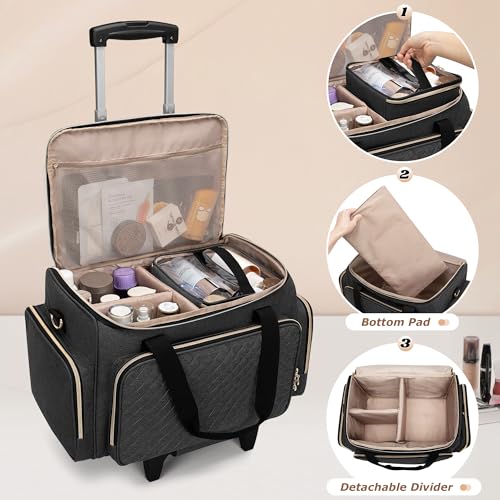 LUXJA Rolling Makeup Case with 3 Removable Pouches and 1 Makeup Brush Bag, Large Makeup Bag Cosmetic Bag with Detachable Dolly (Patented), Black - color: Black