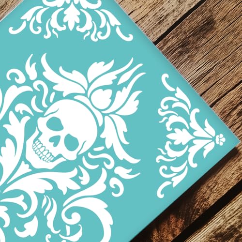 2 Sheets Skull with Floral Silkscreen Stencil, Damask Pattern Painting Stencils Templates Reusable Washable Self-Adhesive Silk Screen for Painting on Bags, Wood, Halloween Decor - style: Skulls with Damask