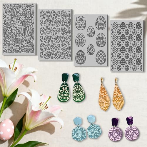 CHGCRAFT 4 Sheets Easter Eggs Clay Texture Mat Easter Bunny Pattern Polymer Clay Texture Sheets DIY Tools for Pottery Earring Jewelry Making Stamp Engraving Machines, 3.9x2.6inch