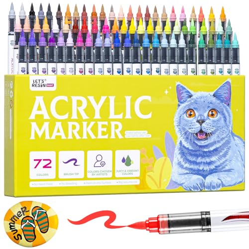 LET'S RESIN PAINT Acrylic Paint Markers Brush Tip 72 Colors,Automatic Ink Control Paint Pens,No Bleed & Good Coverage Acrylic Markers for Adult Coloring,Rock,Canvas,Wood,Gifts - size: 72 Count (Pack of 1)