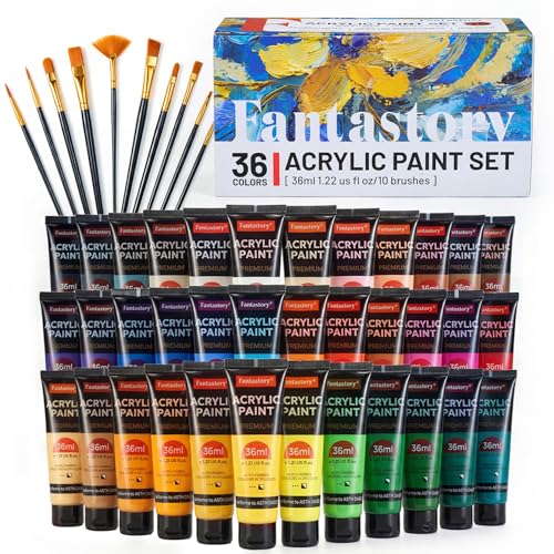 Fantastory Acrylic Paint Set 36 Tubes × 36 ml; Excellent Coverage, High Light Fastness, Waterproof Acrylic Paint, with Additional White & Gold, for Canvas, Wood, Ceramics, Models, Artists - style: 36 Colors