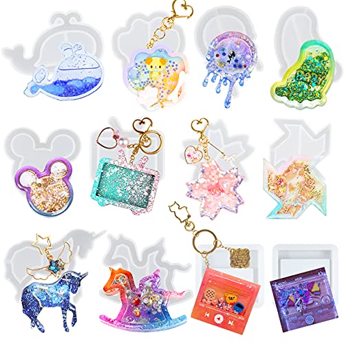 Epoxy Resin Shaker Silicone Molds Set Mouse Head, Flower, Footprint, Dolphin, Windmill, Unicorn, Bear's Paw, TV, Rocking Horse, Drippy Circle, Media Players 12-Count - color: Kawaii Moulds (1-2inch) Pack of 12