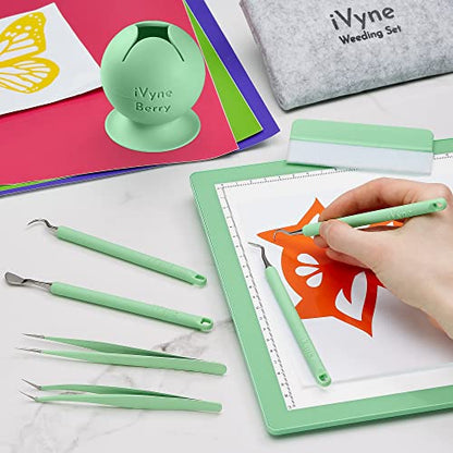 iVyne (8pcs) Premium Vinyl Weeding Tool Kit & Weeding Scrap Collector Soft Grip Tools with Berry, Weeder, Tweezers, Picker Or Hook, and Scraper Set for Scrapbooking & HTV - - color: Silicone Tools & Berry Green