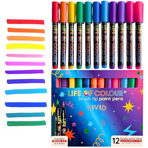 Life of Colour - Vivid Brush Tip Acrylic Paint Pens | Vibrant & Neon acrylic paint pens with flexible brush tips for wood, fabric, glass, ceramic, rocks & canvas. - style: Vivid Fine Tip Markers