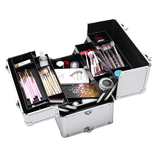 mefeir 3 in 1 Rolling Makeup Train Case, Large Cosmetic Trolley with 360° Rotation Wheels & 2 Drawers, Professional for Makeup & Tattoo Artist & Hairstylist - color: Silver