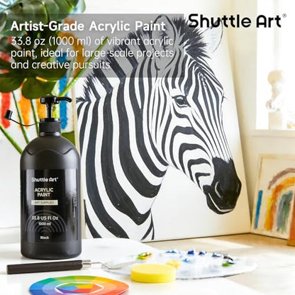 Shuttle Art Black Acrylic Paint, 33.8oz/1000ml Large Capacity Pump Bottle with Cover, High Coverage True Black, Fast Drying Non-Toxic Art Paint for Artists, Students, Kids & DIY Crafts - color: Black, size: 33.8 Fl Oz (Pack of 1)