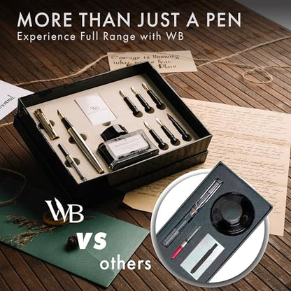 Wordsworth & Black Calligraphy Pen Gift Set, Includes Bottle, 6 Cartridges, Refill Converter, 6 Replacement Nibs, Premium Package, Journaling, Smooth Writing Pens [Silver Gold] - color: Silver Gold