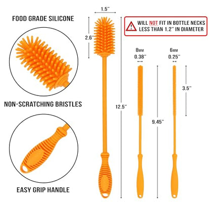 Kitchiny Silicone Bottle Brush with 2 Straw Cleaners - 12.5” Water Bottle Cleaner Brush for Yeti, Hydro Flask, Owala, Stanley, Baby Bottles, Glassware, Vases & Narrow Neck Containers - Orange - color: Orange