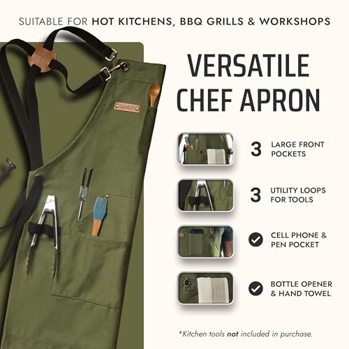 Asaya Chef and BBQ Apron with Bottle Opener and Hand Towel - 10oz Cotton Canvas, Stainless Steel Hardware - Cross Back Straps - color: Green
