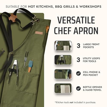 Asaya Chef and BBQ Apron with Bottle Opener and Hand Towel - 10oz Cotton Canvas, Stainless Steel Hardware - Cross Back Straps - color: Green