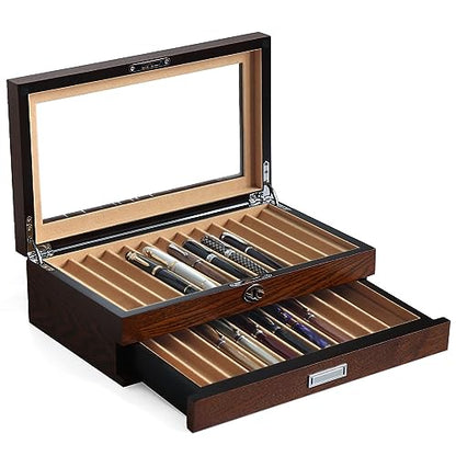 Pen Display With 24 Slots, Wood Storage Organizer, Glass Window Box for Men Gift (Brown Ash Veneer Finish, Camel Velvet) - color: brown 24 slots, camel velvet