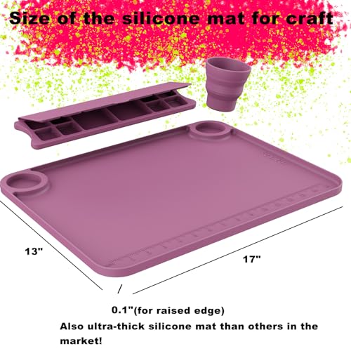 Svartur Silicone Painting Mat with Cup and Palette Detachable, 17"X13" Thick Silicone Craft Mat with Raised Edge for Artist, Painting Station Creator Mat, Purple - color: Purple