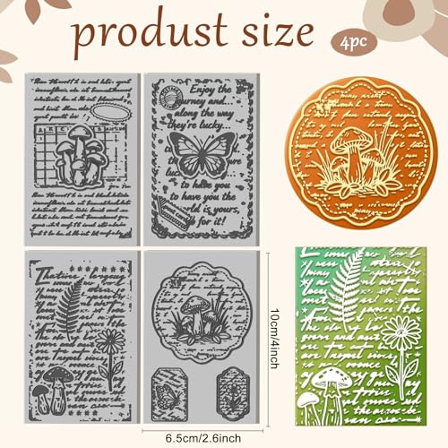 4 Sheets Retro Text Pattern Polymer Clay Texture Sheet Mushrooms and Butterfly Patterns Rubber Texture Mat for Polymer Clay Making Earrings Jewelry DIY Crafts 4 × 2.5 Inch - style: Retro Text Pattern