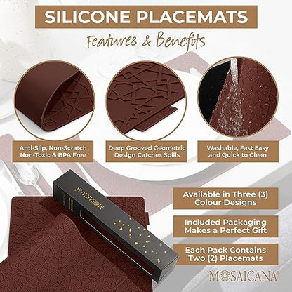 Modern Silicone Placemat Set of 2- Table Protector for Dining Room Table, Kitchen, Craft Mat- Non-Toxic, Anti-Slip, Dishwasher Safe, BPA Free, Heat Resistant - (Maroon) - color: Red
