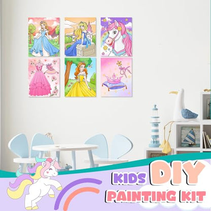 Ireer 12 Set Paint Party Set 8 x 10 Sip and Paint Kit Include 12 Printed Pre Drawn Canvas Panel, Wooden Easels, Palettes, Pots, Apron 36 Brushes for Adult Art DIY Party(Princess) - style: Princess