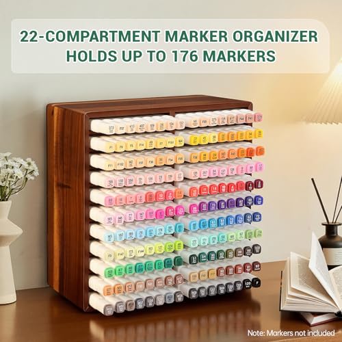 walowalo Acacia Wood Marker Organizer with 22 Compartments Holds 176 Markers, Alcohol Marker Storage Desk Organizer Pen Holder for Office Home Classroom Artists Kids Birthday Gift - size: Holds up to 176pcs Markers-Wood