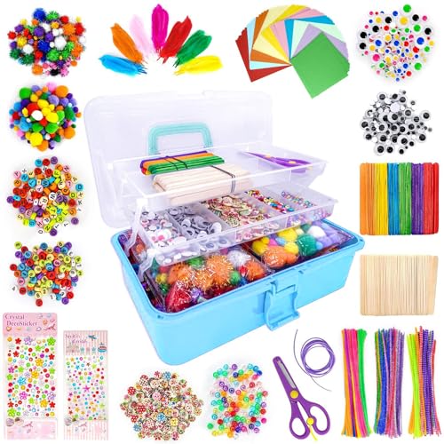 kortes Jumbo Art and Craft Supplies for Kids, Toddler DIY Craft Art Supply Set Included Pipe Cleaners, Pom Poms, Feather, Folding Storage Box - All in One for Craft DIY Art Supplies, Light Blue - color: colorful