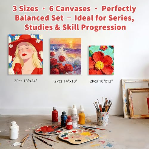 Stretched Canvases Cotton Linen for Oil & Heavy Acrylics 6-Pack 3 Sizes | includes 10x12, 14x18, 18x24, 400gsm cotton linen blend, triple gesso primed, deep frame, Warp-Resistant