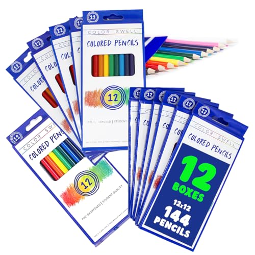 Color Swell Bulk Colored Pencils – 12 Sets, 144 Pre-Sharpened Assorted Vibrant Colors – Ideal for Kids, Teachers, and Classroom Supplies - size: 12 Packs / 144 Colored Pencils