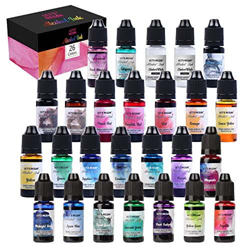 LET'S RESIN Concentrated Alcohol Ink Set, 26 Vibrant Colors (Each 0.35oz) | Alcohol-Based Resin Ink, Alcohol Paint Resin Dye for Resin Art, Tumblers, Resin Epoxy