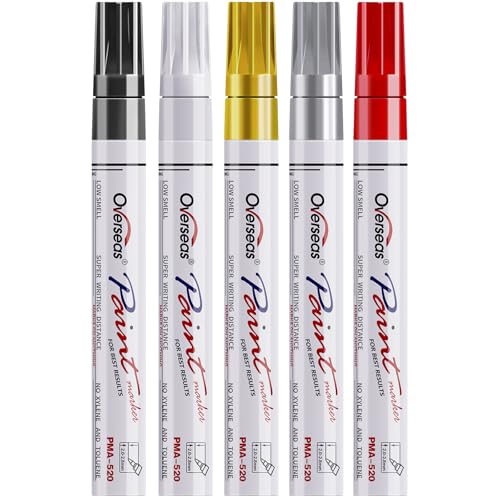 Overseas Oil Based Paint Pens, 5 Colors Metallic Permanent Paint Markers | Medium Tip, Waterproof, Quick Dry, Fade Resistant, Assorted Colors Marker Pen for Metal, Wood, Rock, Glass, Plastic, Rubber - size: 1 Count (Pack of 5)
