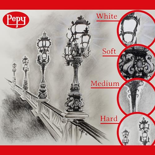 Pepy Charcoal Assorted Set of 6 Pencils: 2 Each Hard, Medium, Soft Pencils