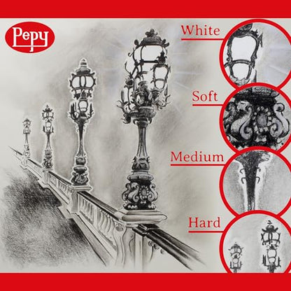 Pepy Professional Medium Charcoal Pencil Drawing Set – Set of 6 Pre-Sharpened Black Charcoal Pencils; Perfect for Drawing, Sketching, Blending and Shading