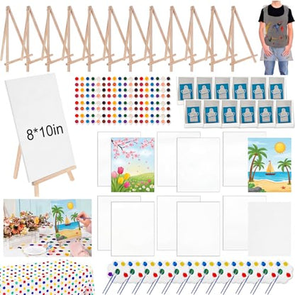 Tenceur 86 Pieces Mini Canvas with Easel Set, 8 x 10 Inch Small Canvas Painting Kit for Party, DIY Painting Boards with Large Tablecloth, Easels Paints Aprons Brushes for Party Gifts - size: 8 x 10 in