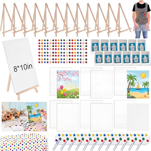 Tenceur 86 Pieces Mini Canvas with Easel Set, 8 x 10 Inch Small Canvas Painting Kit for Party, DIY Painting Boards with Large Tablecloth, Easels Paints Aprons Brushes for Party Gifts - size: 8 x 10 in