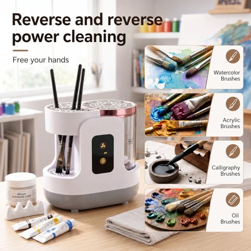 Electric Paint Brush Cleaner, Portable Paint Brush Washer with Air Dry Rack, Reusable Cleaning Container for Acrylic, Watercolor, Oil Painting, Artists, Classroom, Studio