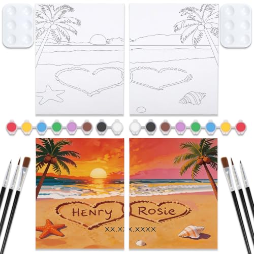 VOCHIC Sip and Paint Kit,Pre Drawn Canvas Couples Paint Party Kit Painting Art Set for Adults Date Night Sunset Beach 2 Pack (8 x 10 Inches, Beach and Heart) - size: 8x10, style: Beach and Heart
